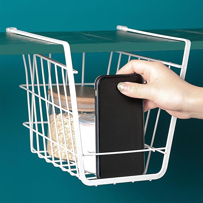 Fdit Metal Wire Rack Hanging Shelf, Under Cabinet Shelf Basket Organizer, Add On Storage Rack with Phone Holder for Kitchen, Pantry, Bathroom