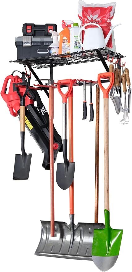 PLKOW Wall-Mounted Ski Rack, Skis Storage Rack for Garage Shed with Top Storage Shelf, Customizable Spacing, Supports Up to 280 lbs, Steel, 1-Pack