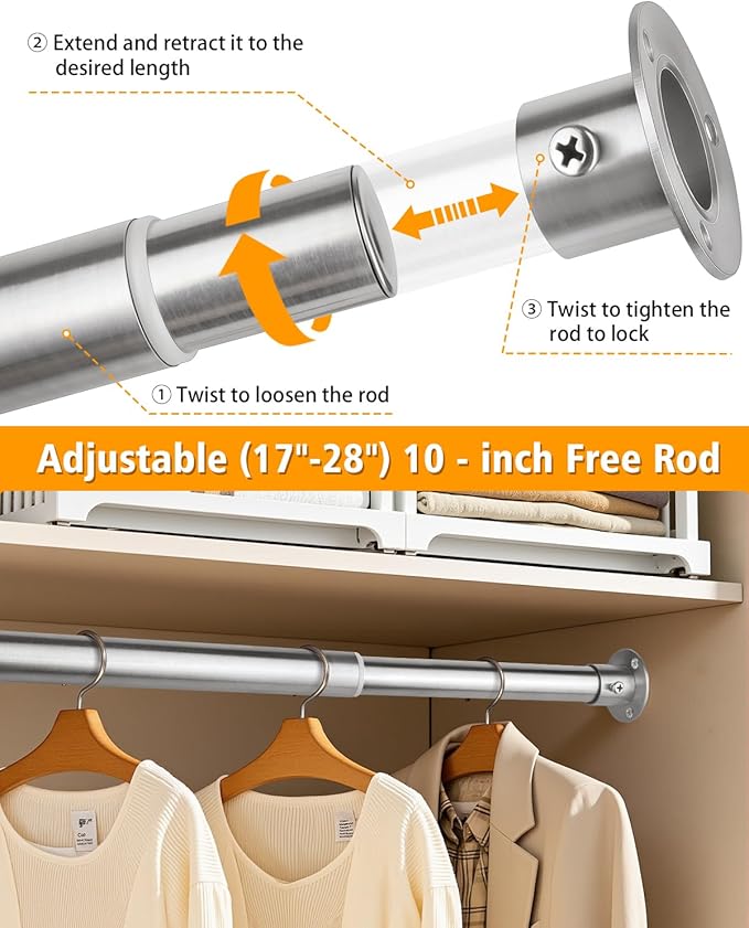 Closet Rods for Hanging Clothes, 17-52 Inch Heavy Duty and Stepless Adjustable Closet Poles, Stainless Steel Closet Hanging Rod for Closet, Wardrobes, Laundry Room, Bathroom, RV (Silver)