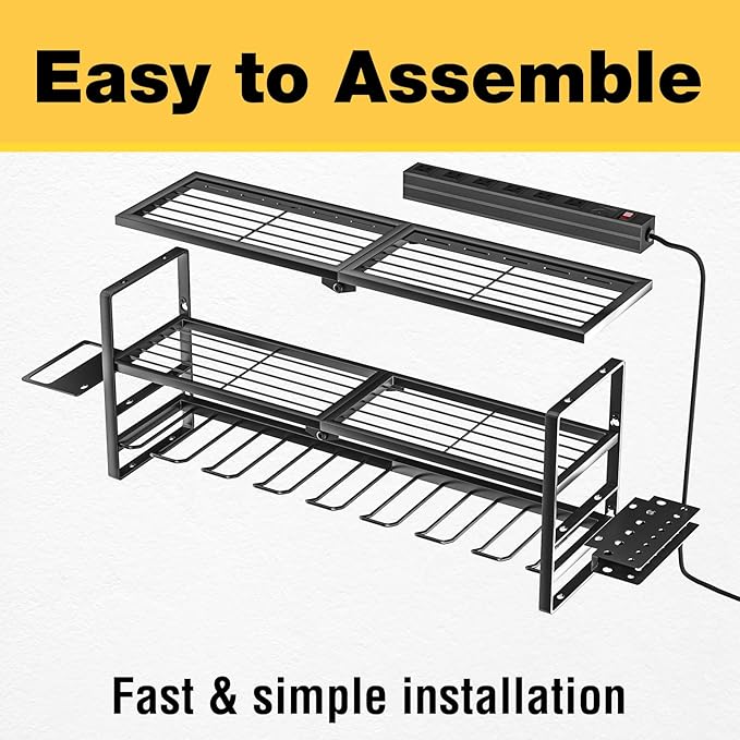 YYR Heavy Duty Power Tool Organizer with Charging Station, Cordless Drill Hanger Storage Rack, Battery Tools Holder Wall Mount Shelf for Garage - 32 Inch Equipped with Surge Protection Power Strip