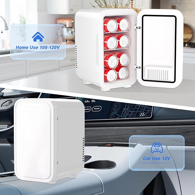 Mini Fridge, 6 Liter/8 Can 110V AC/DC Portable Thermoelectric Cooler Refrigerators for Bedroom, Personal Skin Care Fridge for Cosmetics, Drink, Milk, Office, Dorm Room and Car, White