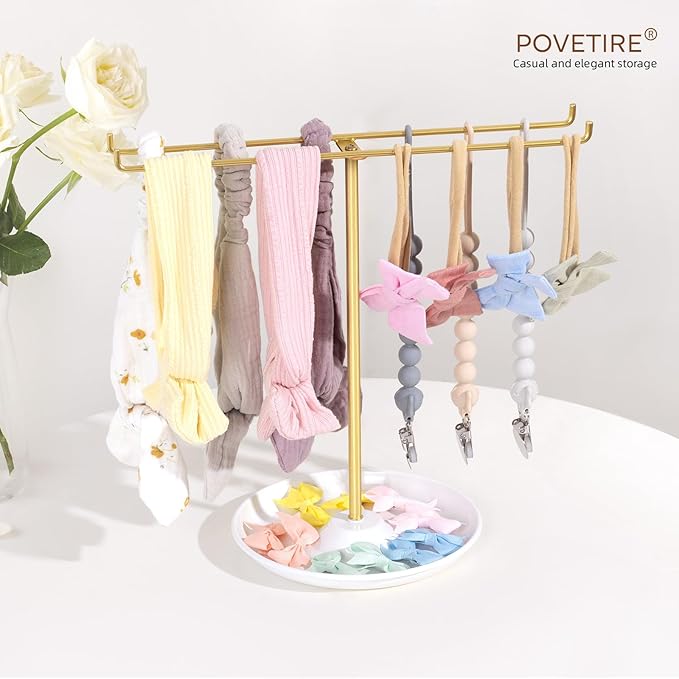 POVETIRE Baby Headband Holder Hair Bow Organizer for Girls,Metal Hair Ties Display Nylon Hairband Storage Head Wrap Stand Hair Accessories Organizer for Newborn Infant Toddler Kids