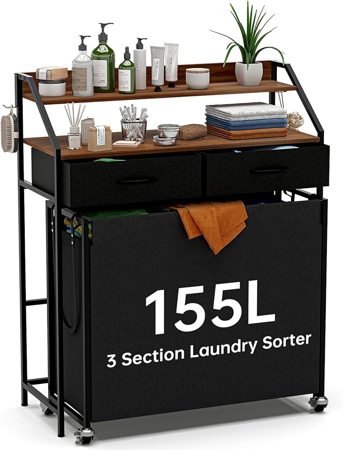 2 Tier Laundry Sorter with 3 Section Pull Out Bags Rolling Laundry Basket Organizer with 2 Drawers Laundry Hamper with Shelves and Wheels for Laundry Room, Bathroom, Bedroom Organization
