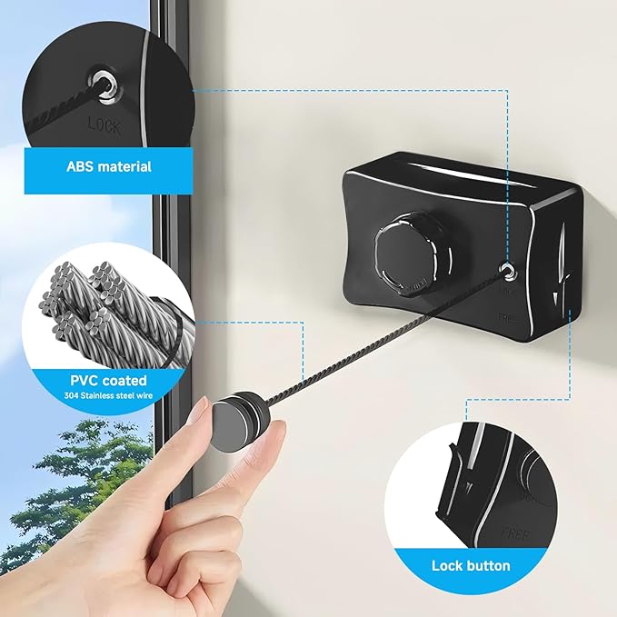 Retractable Outdoor Clothes Line,Heavy Duty Clothes Drying Laundry Line Wall Mounted Stainless Steel Line-16.7 Feets-Black