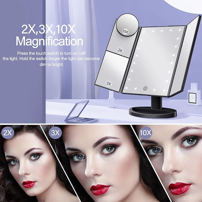 HUONUL Makeup Mirror Vanity with Lights, 2X 3X 10X Magnification, Touch Control, Trifold Mirror, Dual Power Supply, Gifts for Women, Wife, Mom, Teengirls(Black)