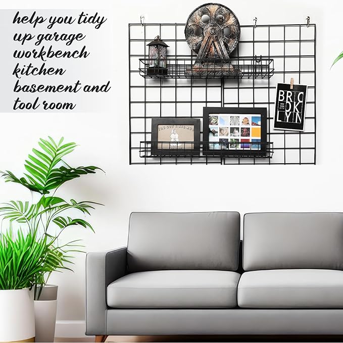 Blulu 4 Pcs 15.75 x 3.94 x 1.97 Inch Metal Grid Wall Baskets with Hooks Grid Wall Shelves Hanging Wire Basket Multi Function Storage Organizer for Kitchen Organizing Display (Black)