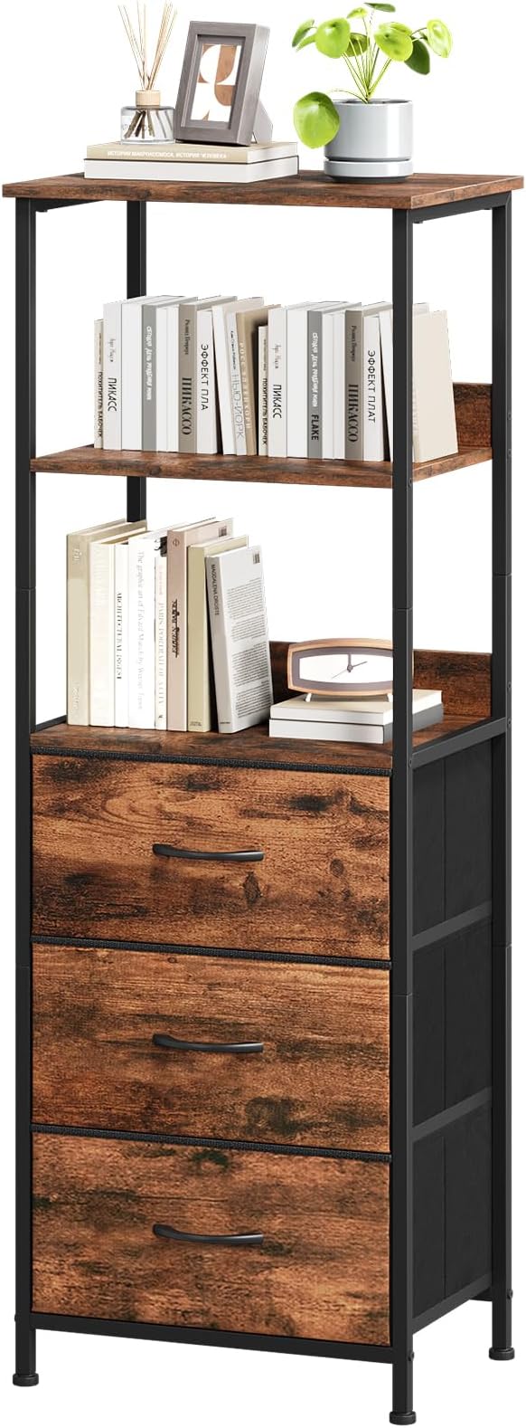 Somdot 3 Tier Bookshelf with Drawer, Tall Bookcase with Shelves, Bookshelf Desktop Organizer, Display Standing Shelf Units for Living Room, Bedroom, Study Room, Wood Grain Print