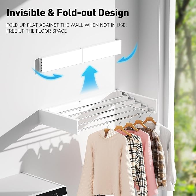 Wall Mounted Clothes Drying Rack, Extending Laundry Rack, Wall Mount Laundry Drying Rack Folding Indoor, 60lbs Capacity (5 Drying Rods, White 31.5")