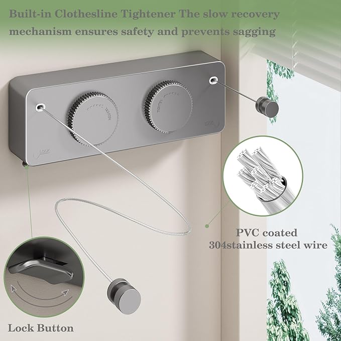 Danpoo Retractable Clothesline, Anti-Sag Adjustable Knob Heavy-Duty Clothes Line for Indoors/Outdoors with 2 * 13.8ft Stainless Steel Wire, Laundry Wall Drying Solutions, Gray
