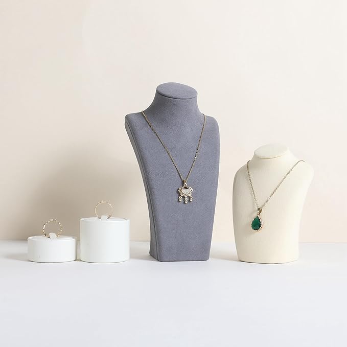GemeShou Grey necklace storage organizer for sale, Velvet necklace holder stand, jewelry bust display stands, Jewelry Mannequin for Countertop, Showcase【Grey-Small height 7.68 inch】