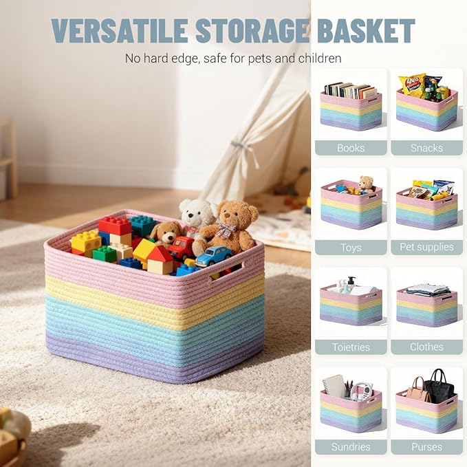 5 Pack Rainbow Woven Storage Baskets for Shelves, Decorative Toy Baskets Organizer for Kids Room, Nursery, Playroom, Classroom – Colorful Cotton Rope Toy Storage Bins for Organizing & Decor