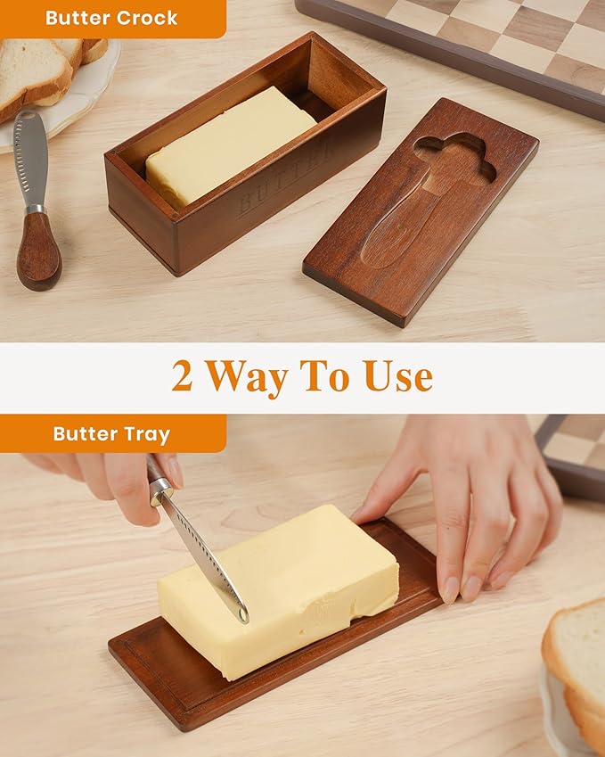 Butter Dish with Magnetic Lid, Acacia Wood Butter Keeper With Knife, Detachable Butter Container With Cover For Countertop Refrigerator
