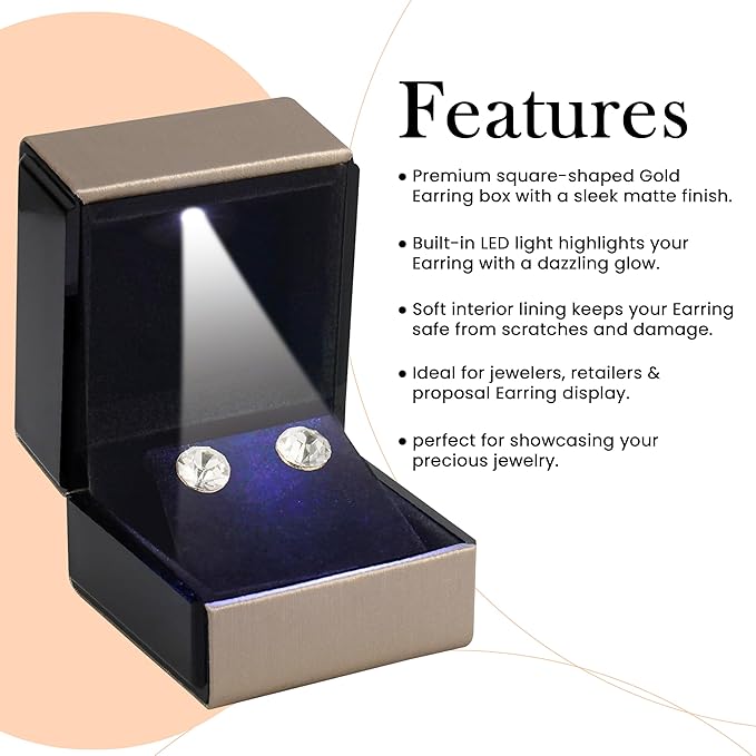 Novel Box Square Shaped Gold Earring Box With LED Light 2.25X2X2.5 Inches - Jewelry Earrings Case Best for Jewelry Displays - Gift Box for Mother's Day, Engagement, Anniversary & more Happy Occasions