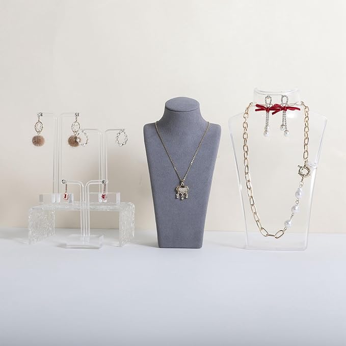 GemeShou Grey necklace storage organizer for sale, Velvet necklace holder stand, jewelry bust display stands, Jewelry Mannequin for Countertop, Showcase【Grey-Small height 7.68 inch】