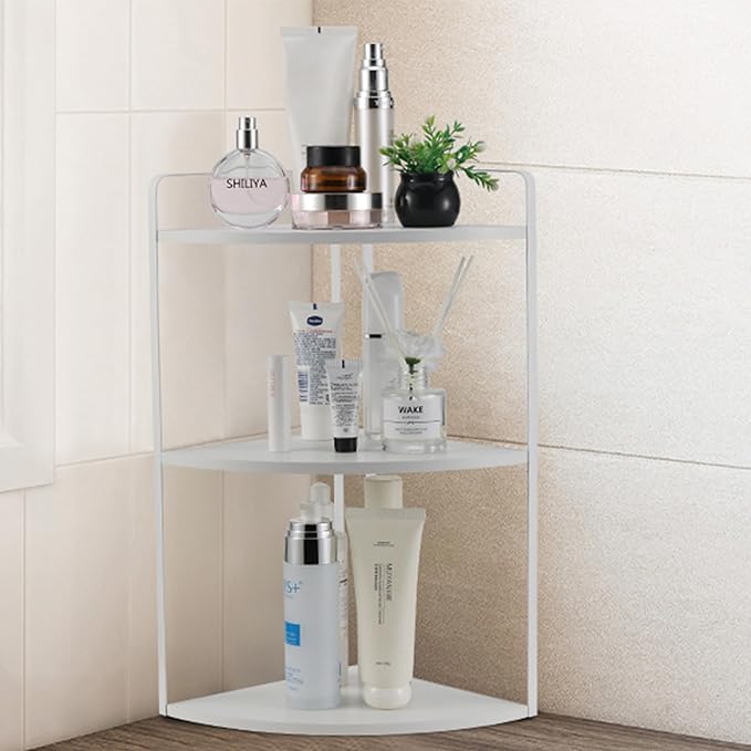 3 Tier Corner Bathroom Counter Organizer, Countertop Organizer, Vanity Organizers, Bathroom Storage Sink Shelf, Wooden and Metal Counter Shelf, Corner Counter (White)
