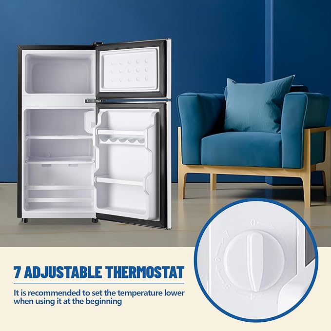 Tiny Personal Capacity Silver Refrigerator with Freezer Double Door Mini Fridge Small Apartment Refrigerator with 7 Adjustable Temp Control