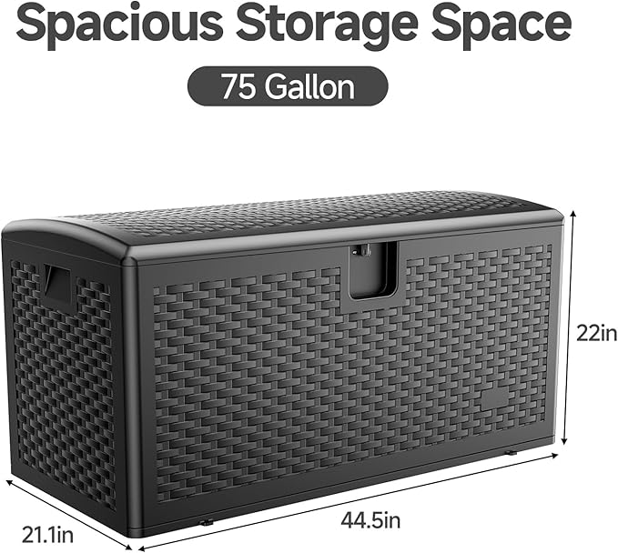 JEKO&JEKO 75 Gallon Outdoor Storage Box, Large Plastic Deck Box with Lockable Lid for Patio Furniture, Garden Tools, Outdoor Cushions and Shoes, Black