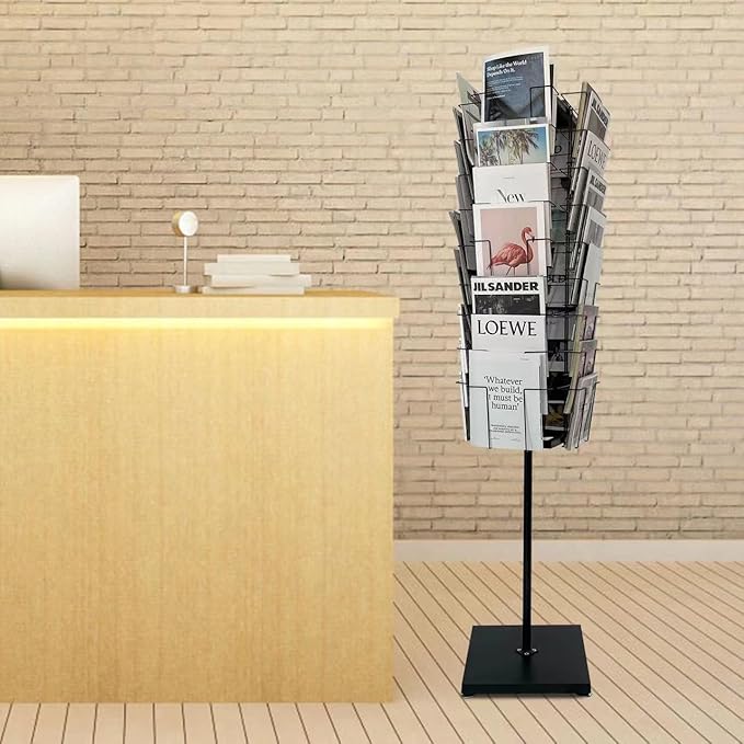 TONGMO 36-Pocket Rotating Magazine Rack Stand, Floor Spinner Display for Magazines, Comic Books, Brochures, A4 Organizer for Office, Bookstore, Home, Reception