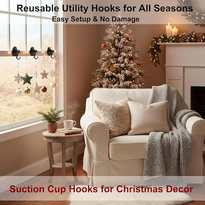 Suction Cup Hooks, Powerful Vacuum Wreath Hangers for Glass Door or Window, Set of 4, Black