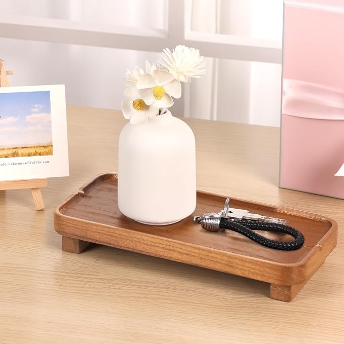 Wood Riser Small Decorative Tray Sink Soap Dish, Vanity Tray Pedestal Stand 10 * 4.5 inches (Light Brown)