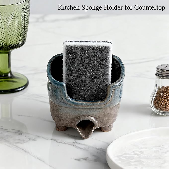 Ceramic Sponge Holder with Drainage, Farmhouse Sink Caddy Organizer, Self Draining Design for Sponges,Soap,Brushes, Compact Rustic Kitchen Accessory, Keeps Counter Dry（Country Blue）