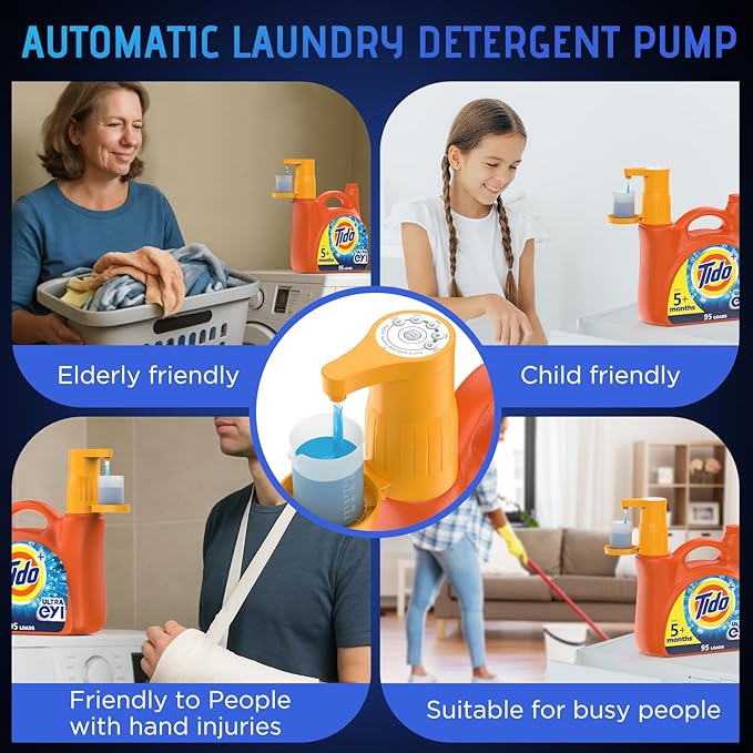 Detergent Dispenser, Auto Laundry Detergent Dispenser with Silicone Washable Laundry Measuring Cup Graduated Cup, No Waste, USB Rechargeable, Ideal for Laundry Room Organization (Yellow)