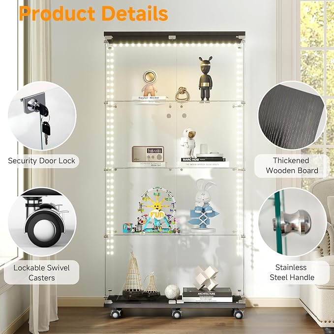 Tempered Glass Display Cabinet with Light Strip, 4-Tier Curio Cabinet with Glass Doors Wheels Locks, Glass Display Case for Collectibles for Living Room, Bedroom, Office, Black, Double Door