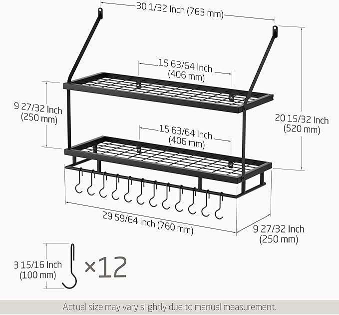 KES 30-Inch Kitchen Pot Rack - Mounted Hanging Rack for Kitchen Storage and Organization - Matte Black 2-Tier Wall Shelf with Guard Rail for Pots and Pans Organizer with 12 Hooks - KUR215S75B-BK