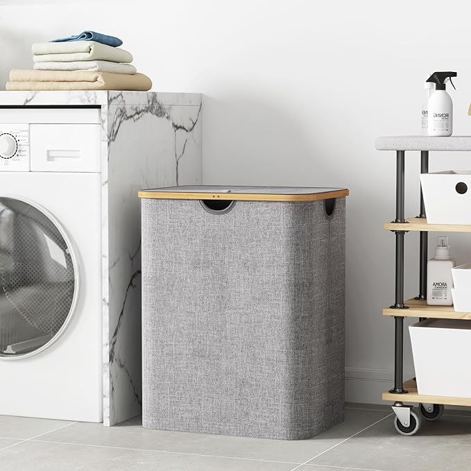 Lifewit 120L Large Laundry Hamper with Lid, Foldable 2 Section Laundry Basket with Bamboo Handles and Removable Bags for Laundry Room, Bathroom, Bedroom, Light Gray