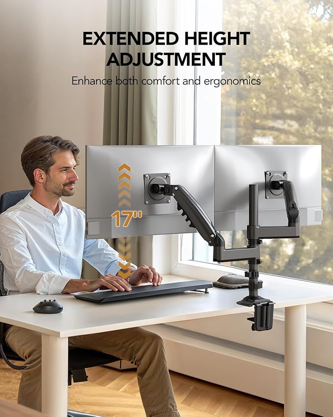HUANUO Dual Monitor Arm for 13-32 inch Screens,Holds 19.8lb,Adjustable Monitor Stand with Clamp and Grommet Base,Vesa 75x75mm/100x100mm Compatibility (Black)