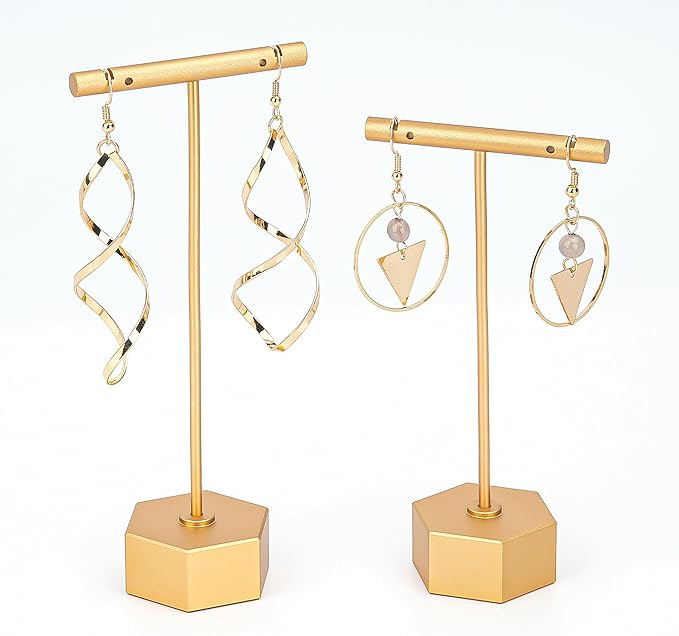 Metal Earring Stand Display Hexagon Base Earring T Bar Display Necklace Bracelet Ring Ear Studs Jewelry Display Rack for Vendors Photography and Showcase, Gold 2pcs Height 5.31" and 4.52"