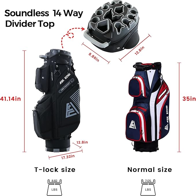 ASK ECHO 2024 T-Lock Golf Cart Bag with 14 Way Organizer Divider Top, Premium Cart Bag with Handles and Rain Cover, for Men