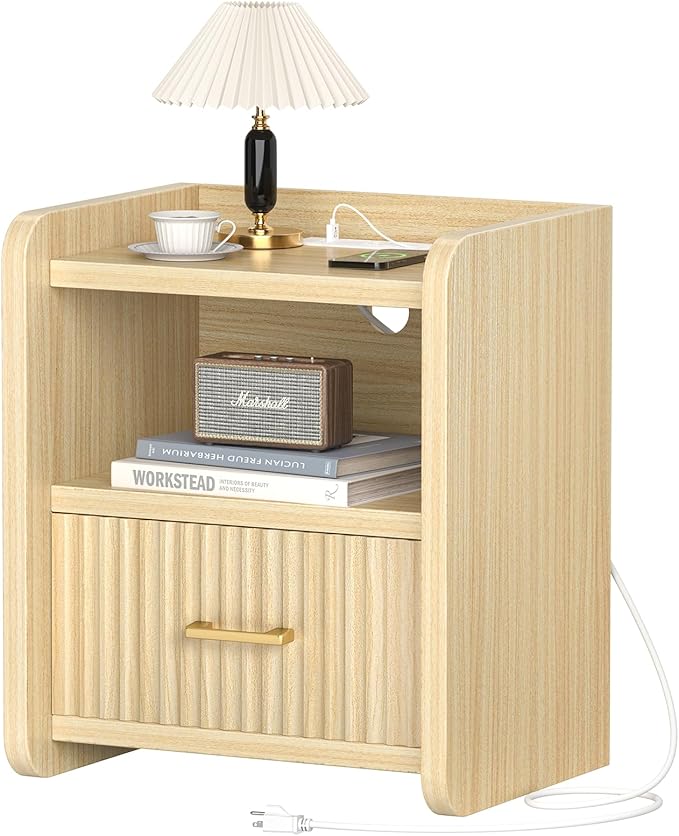 Night Stand with Charger Station, Fluted Nightstands Set of 2 with Drawer, Modern Bedside Table Set of 2, Wide Nightstands for Bedroom, Mid Century Wooden Night Stands for Home Sofa Couch