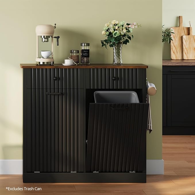 Double Tilt Out Trash Can Cabinet, 20 Gallon Fluted Laundry Hamper Cabinet with 2 Drawers, Wooden Hidden Garbage Can Cabinets for Kitchen, Living Room, Without Trash Bin or Laundry Hamper,Black