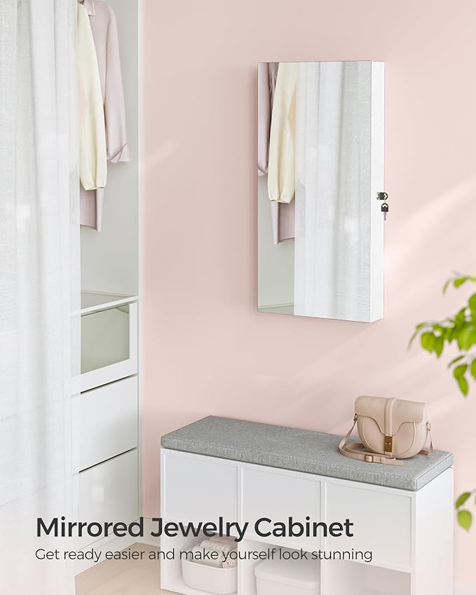 SONGMICS Mirror Jewelry Cabinet Armoire with Built-in LED Lights, Wall or Door Mounted Jewelry Storage Organizer, 3.8 x 14.6 x 26.4 Inches Hanging Mirror Cabinet, Christmas Gift Idea, White UJJC050W01