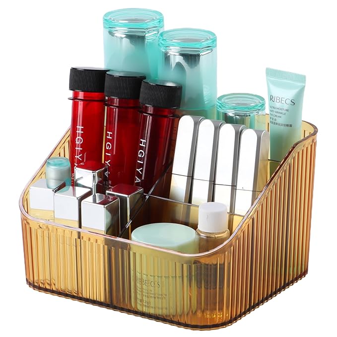 Amber Makeup Brush Holder Organizer for Vanity, Bathroom Countertop Organizer 5 Cups, Toiletry Storage & Display for Skincare, Perfume, Hairbrush, Sunglasses & Desk Accessories