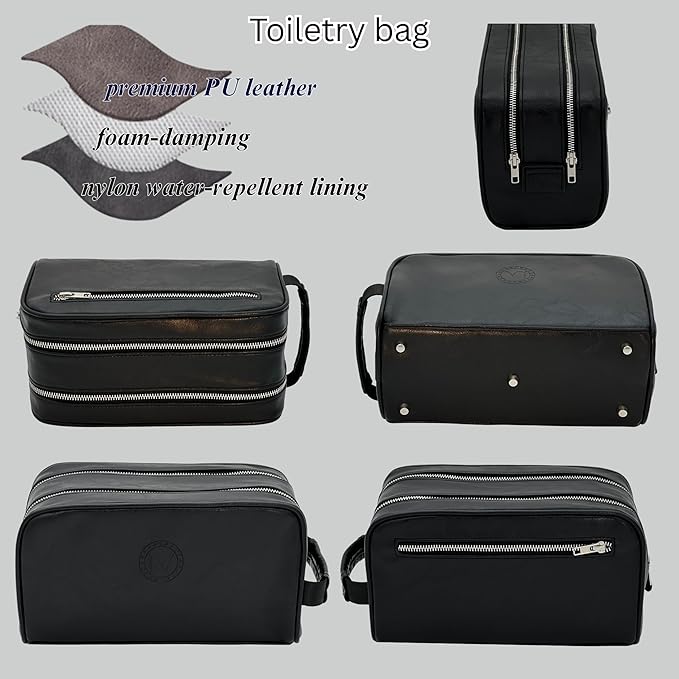 Dopp Gift Large Travel Toiletry Bag Premium Quality PU Leather Two compartments YKK Zippers Water-resistant Bottom Studs Mesh Pockets Durable Cosmetic Organizer BLACK