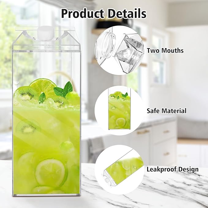 64 Oz Large Clear Milk Carton Container Plastic Square Milk Water Bottle Milk Container for Refrigerator for Outdoor Climbing Tour or Camping (3 Pcs)