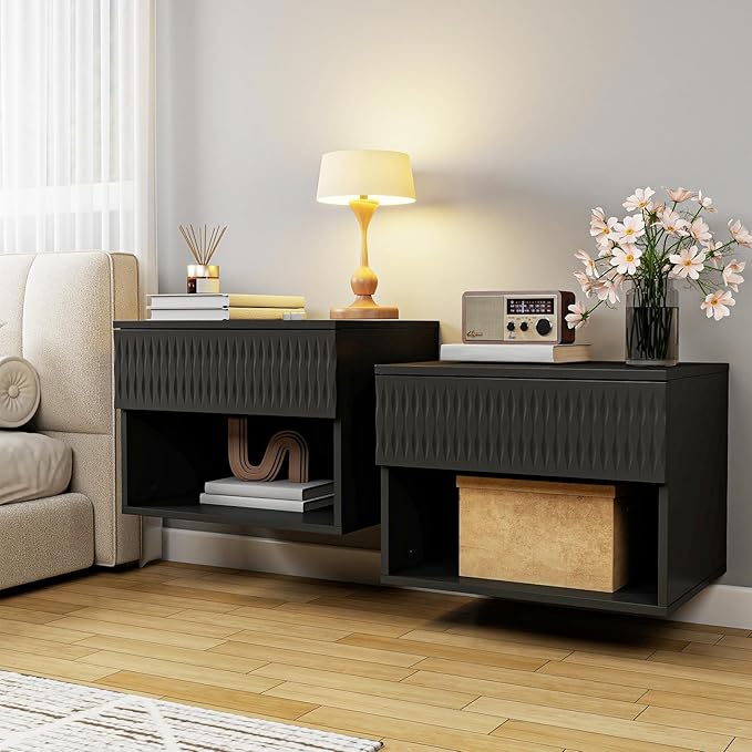 Floating Nightstand Set of 2,Modern Bedside Tables for Bedroom,Small Night Stands with Drawer and Open Shelf, Wall Mounted End SideTables Set for Living Room