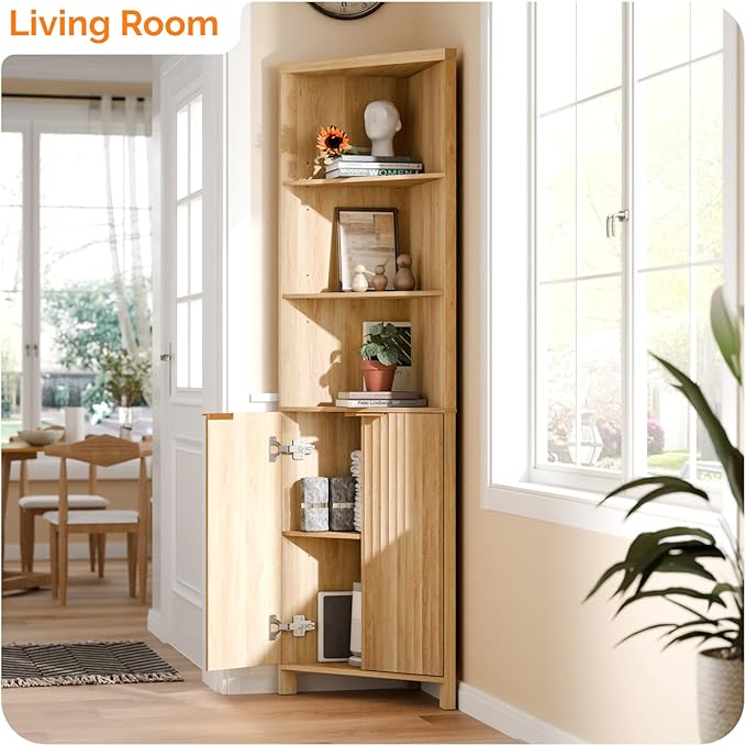 VINGLI 68" Tall Corner Cabinet with Fluted Doors,Corner Bathroom Storage Cabinet Pantry Hutch Display Shelves Adjustable for Kitchen, Living Room Modern Space Saver Shelf Bathroom Furniture,Oak
