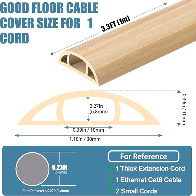 Floor Cord Covers for Wires 3.3FT Cable Hider Wire Cover Self Adhesive Cord Hider Floor for Offices, Homes, Workshops, Warehouses Cable Cavity 0.39" W x 0.27" H
