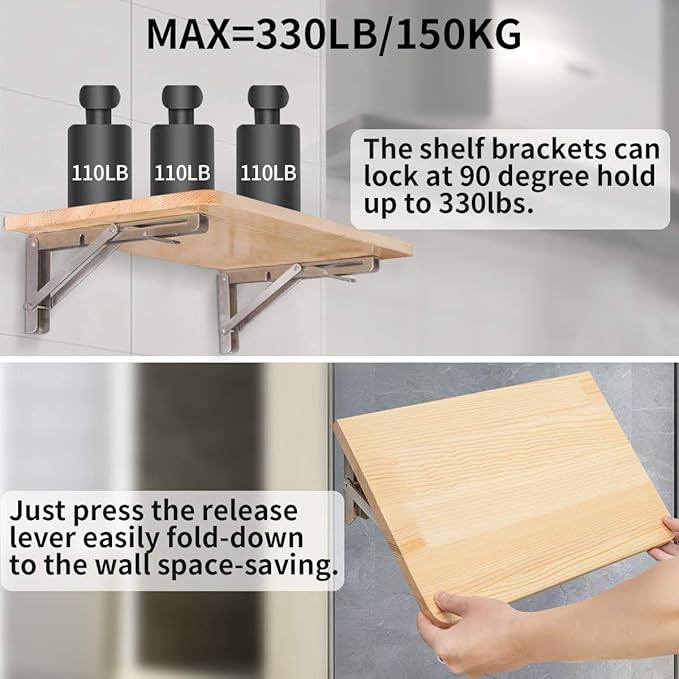YUMORE Folding Shelf Brackets 10", Max Load: 330lb Heavy Duty Stainless Steel Collapsible Shelf Bracket for Table Work Bench, Space Saving DIY Bracket, Pack of 2