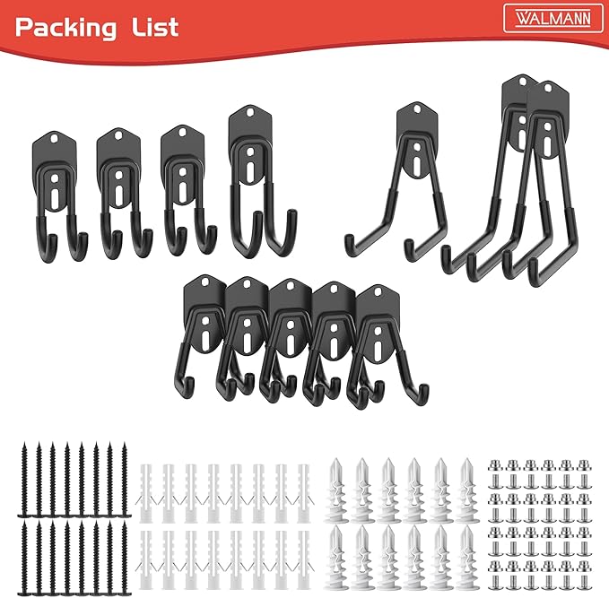 WALMANN 12 PCS Garage Storage Hooks, Wall Mount Utility Hooks for Tools, Ladders, Cords, Folding Chairs, Shovels and Rakes, Shelving Hooks for Keyhole Shelving Units(Black)