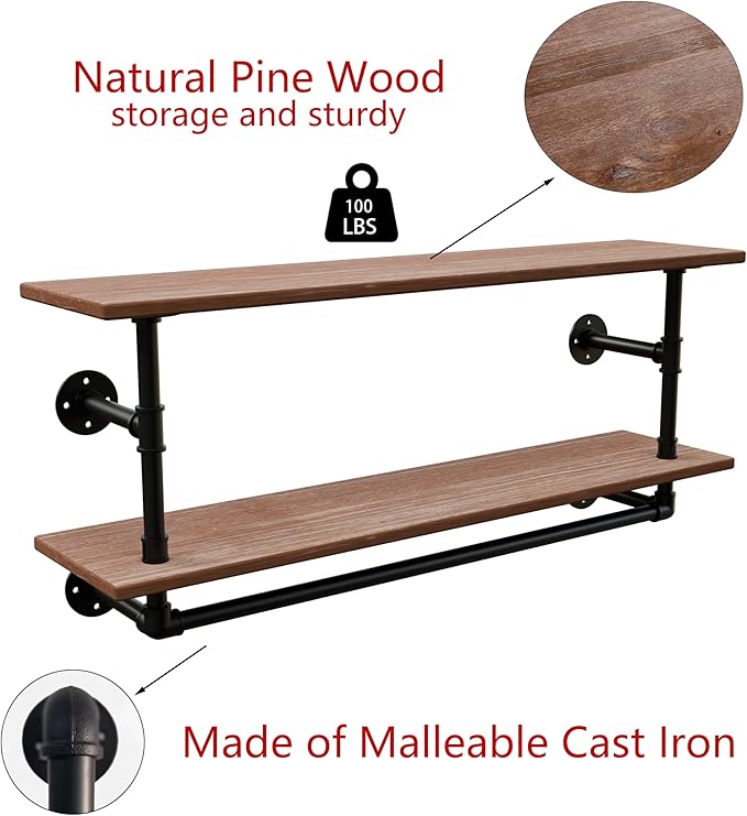 Clothes Rack 36in, 2 Tier Wall Mounted Garment Rack with Real Wood Shelf, Heavy Duty Hanging Clothes Rack, Multi-Purpose Hanging Rod, Space-Saving Closet Storage