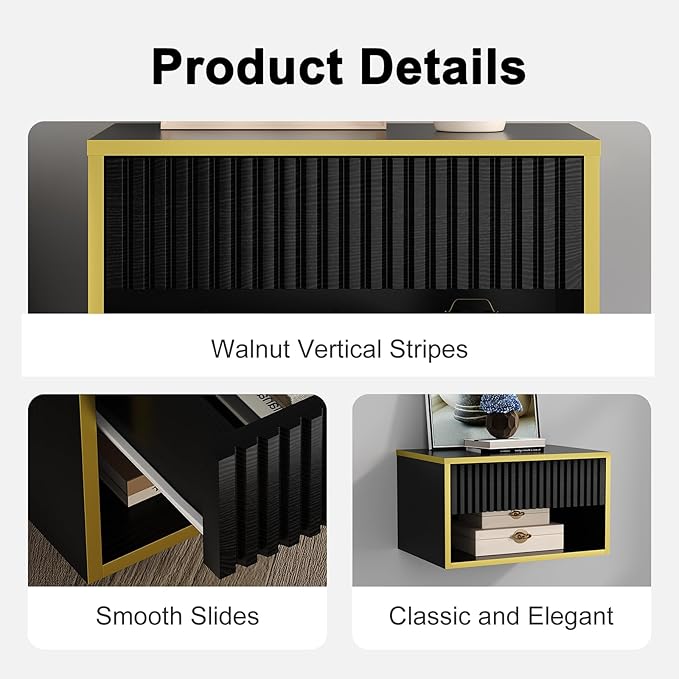 4ever2buy Floating Nightstand Set of 2, Modern Wall Mounted Nightstand with Open Shelf and Fluted Drawer, Black and Gold Night Stand for Bedroom, (Black, 2)