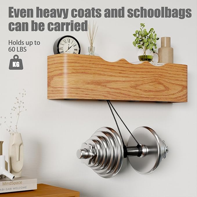Coat Rack Wall Mount with Shelf 4 Hidden Hooks Modern Wooden Key Holder Entryway Organizer for Hallway Bedroom Bathroom Home Decor Storage for Hanging Coats Hats Bags Towels, Wave-Shape Oak