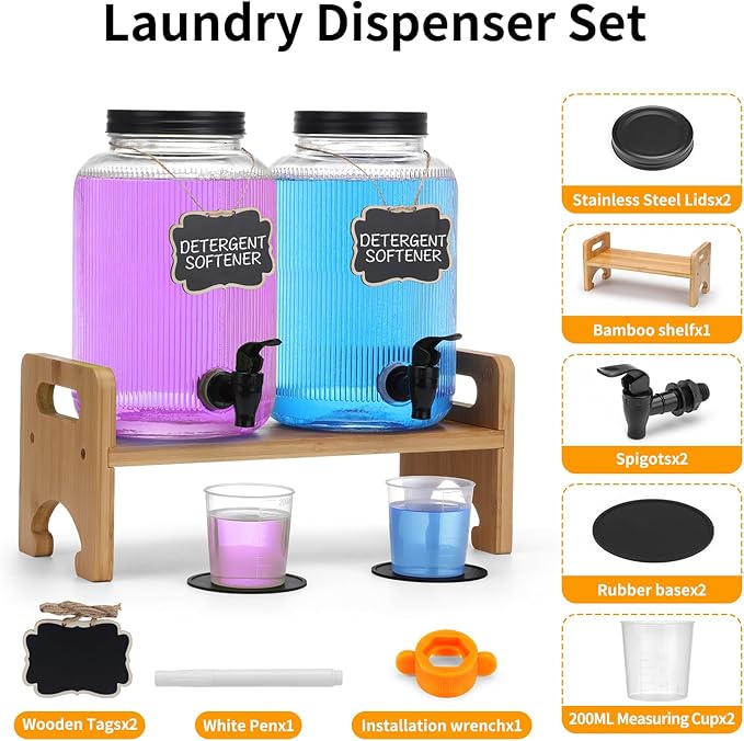 2-Pack Laundry Detergent Dispenser with Bamboo Stand，1 Gallon Laundry Soap Dispenser with Measuring Cup，Glass Laundry Detergent Containr for Laundry Room Organization and Storage