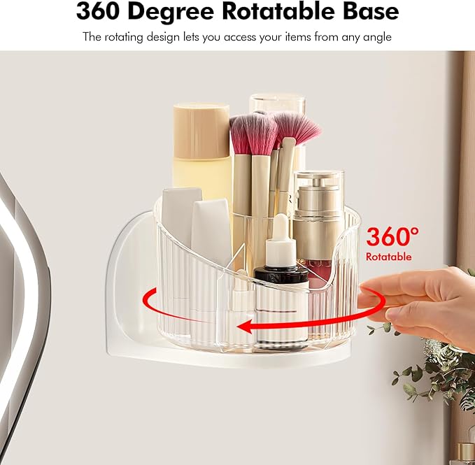 Poeland Wall Mounted Makeup Brushes Organizer, 360 Rotating Makeup Holder with 6 Compartments for Skincare Products, Makeup Brushes