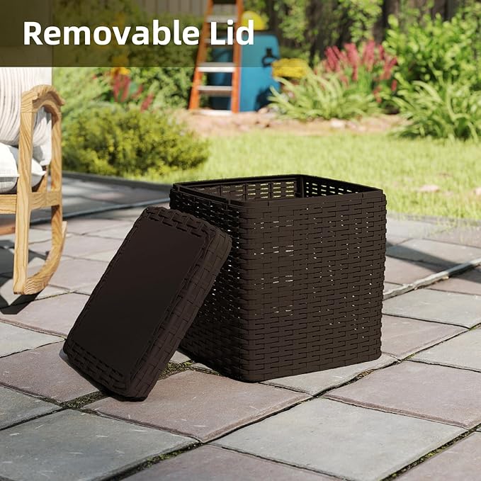 35 Gallon Outdoor Storage Box, Faux Rattan Deck Box with Removable Lid & Lockable Feature, All-Weather Waterproof Storage Bench for Poolside, Garden Tools Delivery Packages, Brown