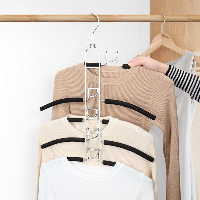 Space Saving Clothes Hangers, Multilayer Metal Hanger 2 Pack 5 in 1 Space Saver Coat Hangers, Anti-Slip Foam Padded Shirt Suit Hanger for Closet Storage Organizer
